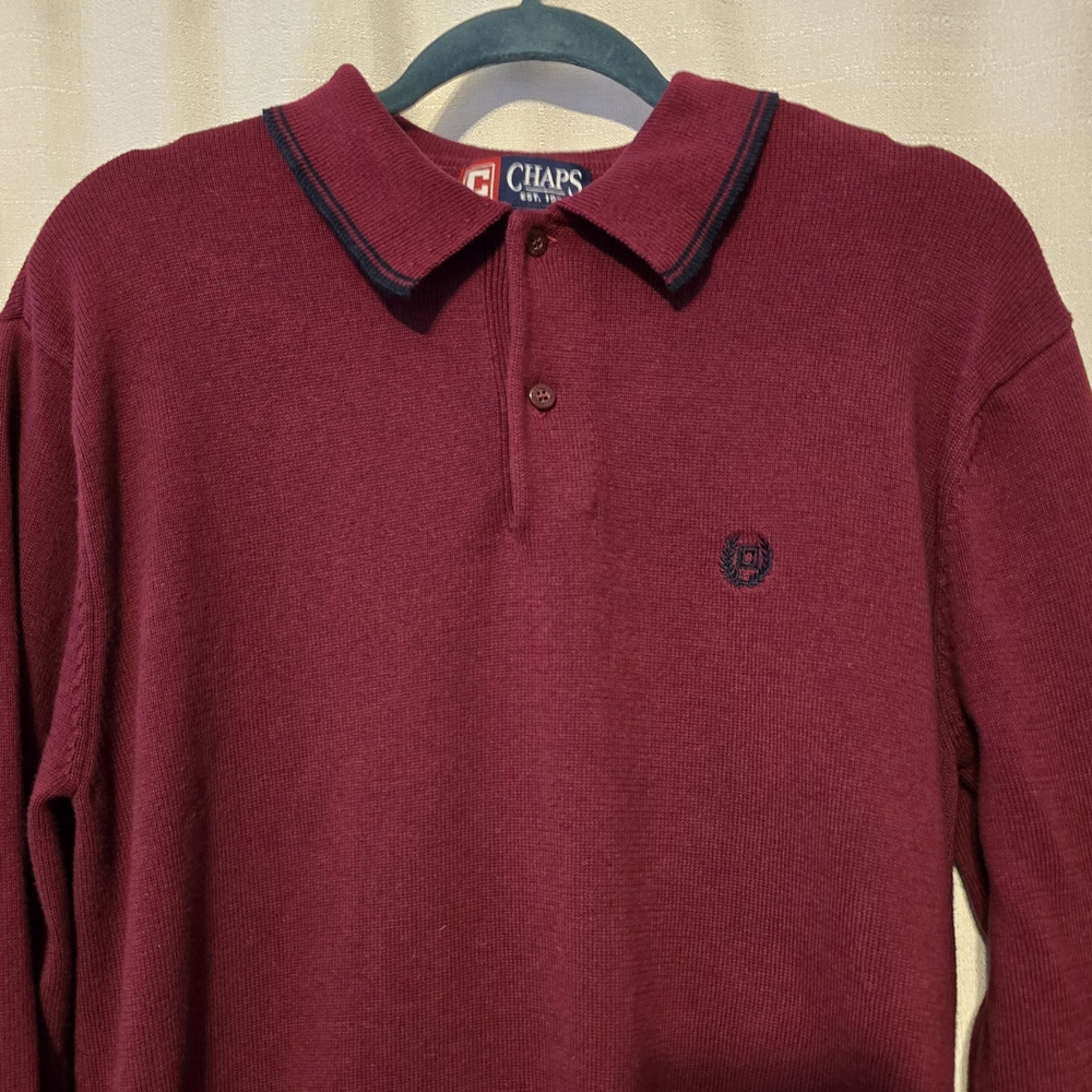Vintage Chaps Men's Burgundy 100% Cotton Polo Preppy Sweater With Collar Size M